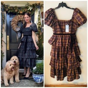 Antonio Melani Maisie Dress NWT Brown Gold Plaid Ruffle Wednesday Adams Tiered